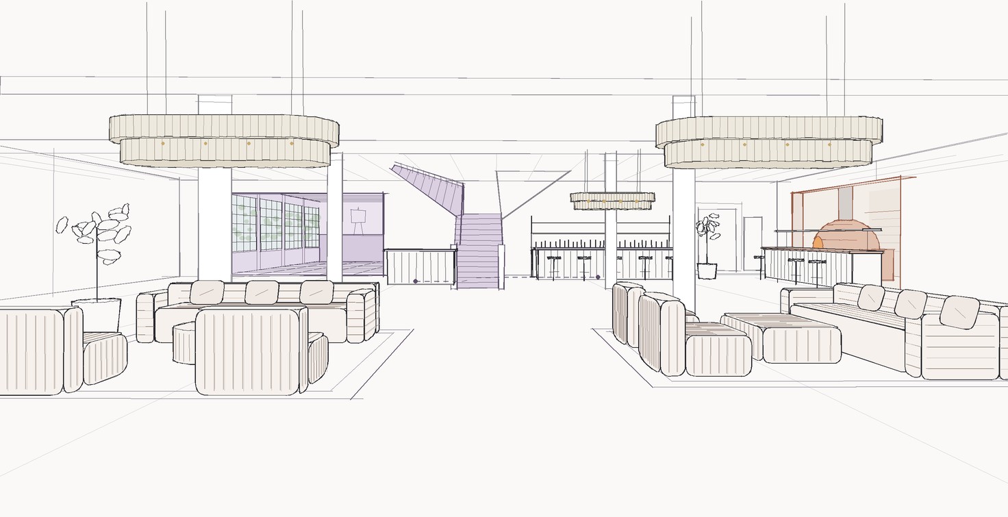 Concept sketch of the Building 2 main lobby: channel-quilted lounge seating under salvaged glass chandeliers, reception and a bar tucked either side of the stair to the wellness floor, an open kitchen with a brick pizza oven in 2A, and a 20 ft opening into the Building 3A artist studios