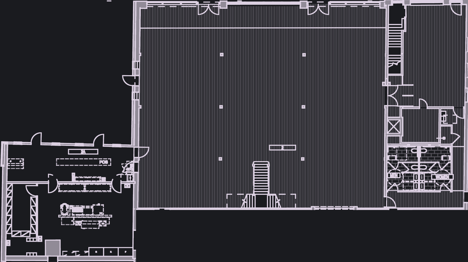 Floor plan of the Building 2 ground floor: main hall with column grid, stair and restroom core, and 2A with the existing kitchen and service counter