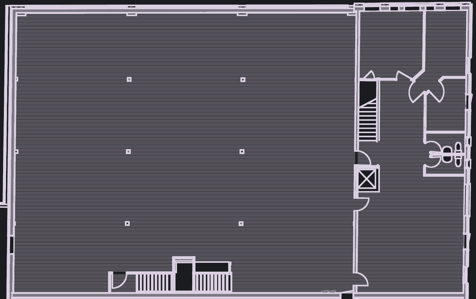 Floor plan of the Building 2 upper floor: one open hall with a column grid, plus stair, lift and restroom core