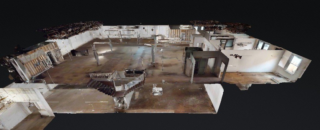 3D scan of the Building 2 upper floor as it is today: open floor, column grid, stair and daylit rooms